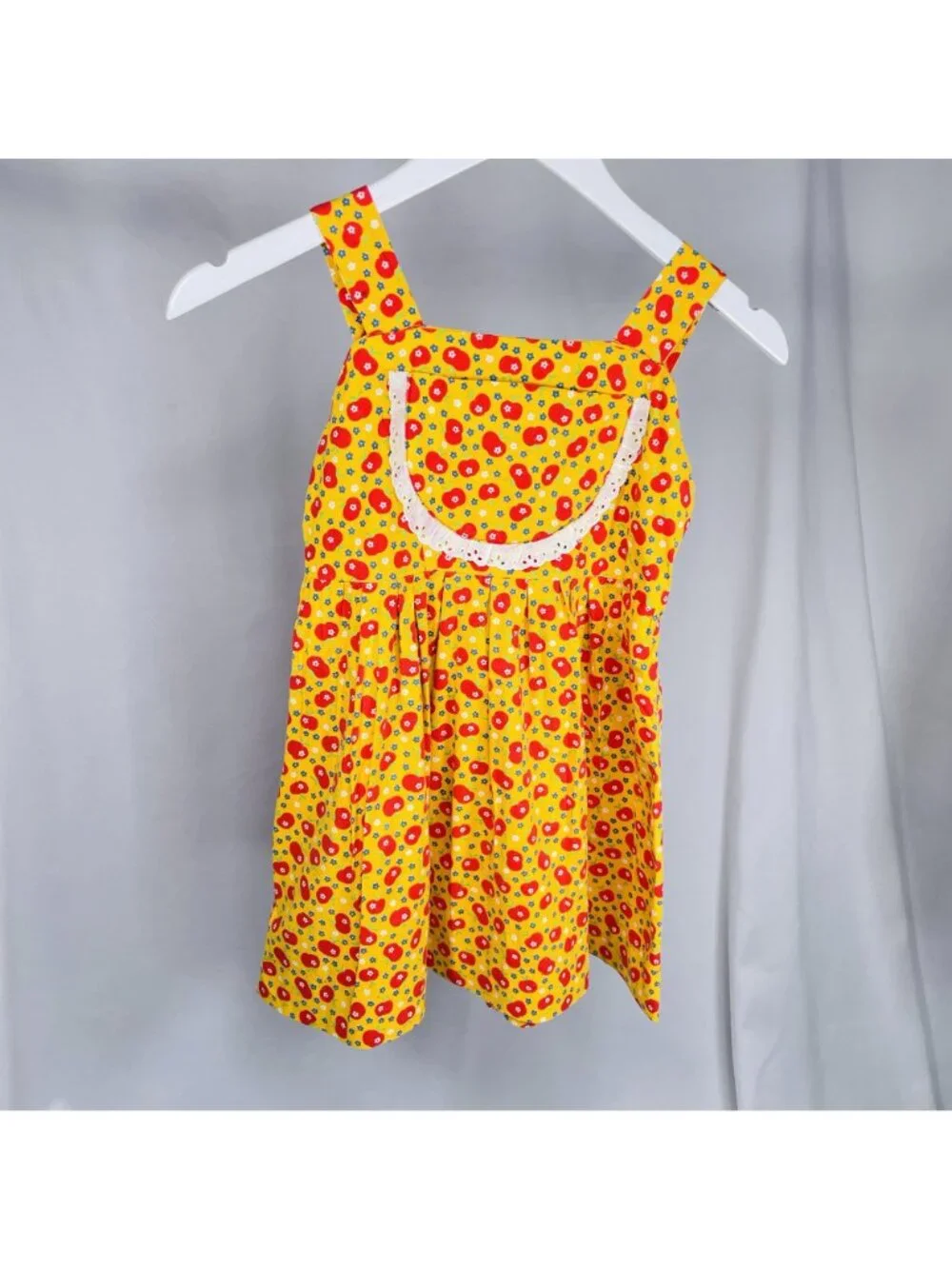 Vintage 70s Girls Yellow Fruit Apple Print Lace Bib Cottage Prairie Dress 6 - 7